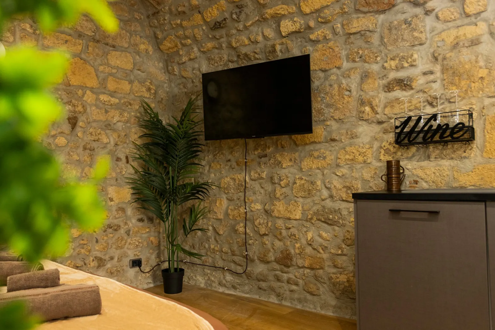 TV a parete accanto a una palma, sulla parete in pietra, con la mensola Wine sullo sfondo