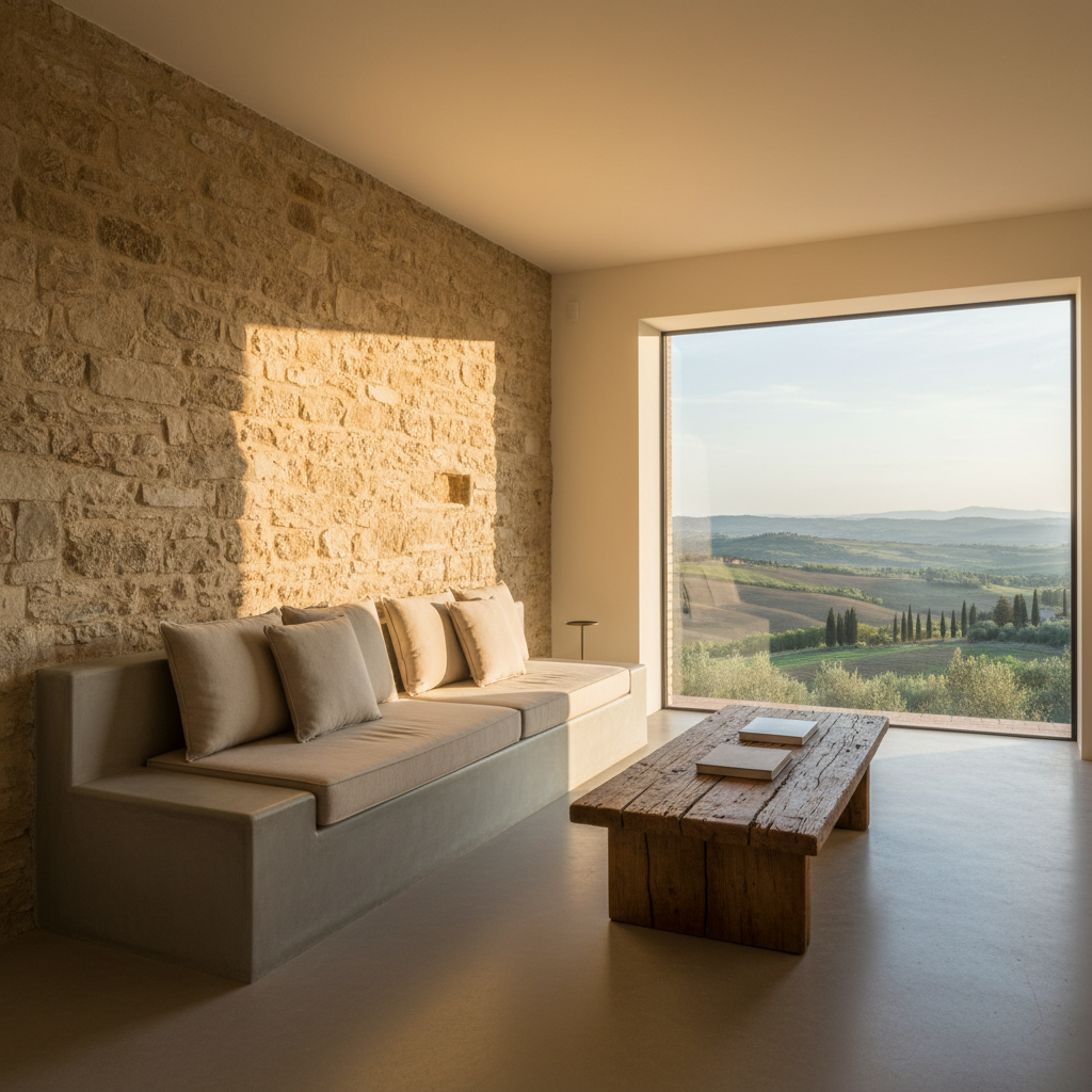An inviting open-plan living area of an Etruscan-inspired holiday loft, featuring a minimalist stone bench sofa with tailored sand-colored cushions, a low wooden table made from reclaimed beams, and a backdrop of exposed, carefully restored tuff rock. A large floor-to-ceiling window frames the rolling Tuscan hills and distant cypress trees, bathed in late afternoon golden light. The soft natural light spills into the room, highlighting the stone’s subtle variations and the smooth plaster finishes. Shot in photographic realism with a slightly elevated angle, sharp focus throughout, and a calm, sophisticated mood that balances ancient heritage with contemporary comfort.