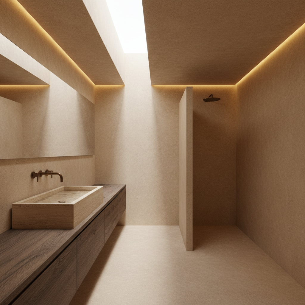 A spacious bathroom in an Etruscan-inspired holiday loft, with smooth, continuous microcement surfaces in warm beige wrapping the floor, walls, and built-in shower. A large, rectangular stone basin carved from pale travertine sits atop a floating dark-wood vanity, paired with brushed bronze fixtures. Indirect cove lighting and a narrow skylight allow soft, diffused daylight to wash down the textured walls, creating gentle gradients and reflections on the water in the basin. Photographic realism with a wide-angle lens, centered composition, and a serene, spa-like atmosphere that feels both ancient and exquisitely modern.