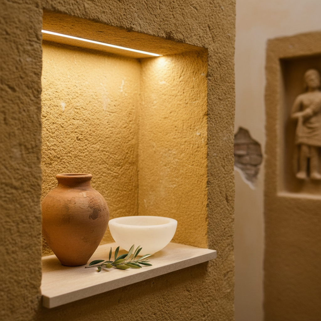A refined detail shot of a stone niche in an Etruscan-style loft wall, carved into warm ochre tuff and illuminated by a hidden LED strip that creates a gentle, indirect halo of light. Inside the niche, a carefully arranged still life of a hand-thrown terracotta vessel, a smooth alabaster bowl, and a small sprig of olive leaves rests on a honed travertine shelf. The background softly blurs more stone textures and a fragment of plastered wall. Photographic realism with a shallow depth of field and intimate eye-level framing, conveying a mood of curated sophistication and subtle archaeological luxury.