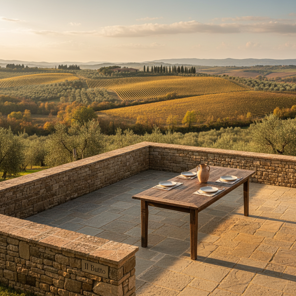 A polished stone terrace just outside an Etruscan-style loft, paved with irregular flagstones in muted earth tones and bordered by low dry-stone walls. An elegantly simple outdoor dining table made of dark, weathered wood is set with neutral ceramic plates and a single terracotta jug. Beyond, rolling vineyards, silvery olive groves, and a line of cypress trees stretch under a clear late afternoon sky, bathed in soft, golden Tuscan light. Photographic realism with a slightly elevated perspective and rule-of-thirds composition, capturing a tranquil, sophisticated sense of place and inviting guests to imagine quiet evenings at Il Butto.